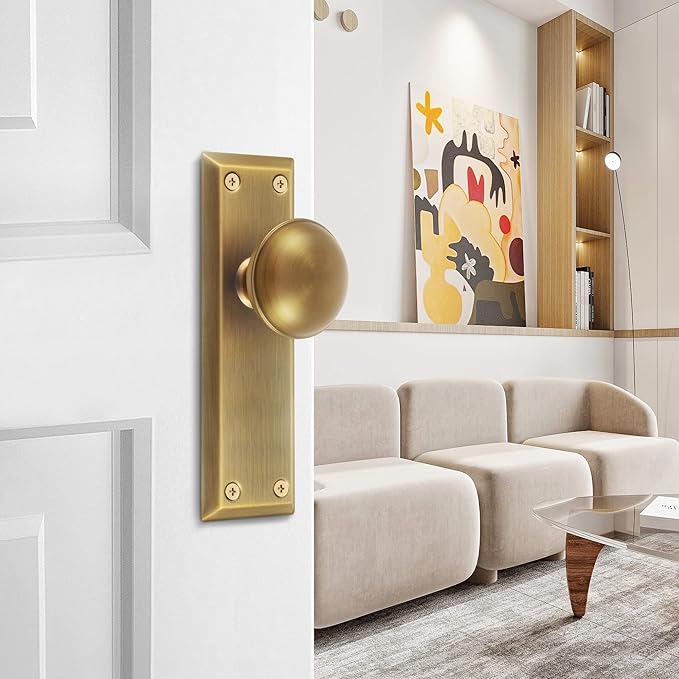 2 Pack Vintage Single-Sided Dummy Door Knobs Interior, Antique Brass Long Plate Dummy Door Knobs