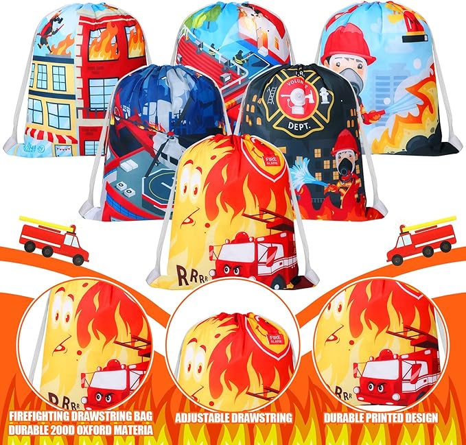 Leitee 60Pcs Firefighter Party Favors Fire Truck Birthday Party Supplies Decorations Including Fire Truck Toy Kids Boys Helmets Tattoo Wristband Drawstring Bag Silicone Bracelet for Fireman Party Gift