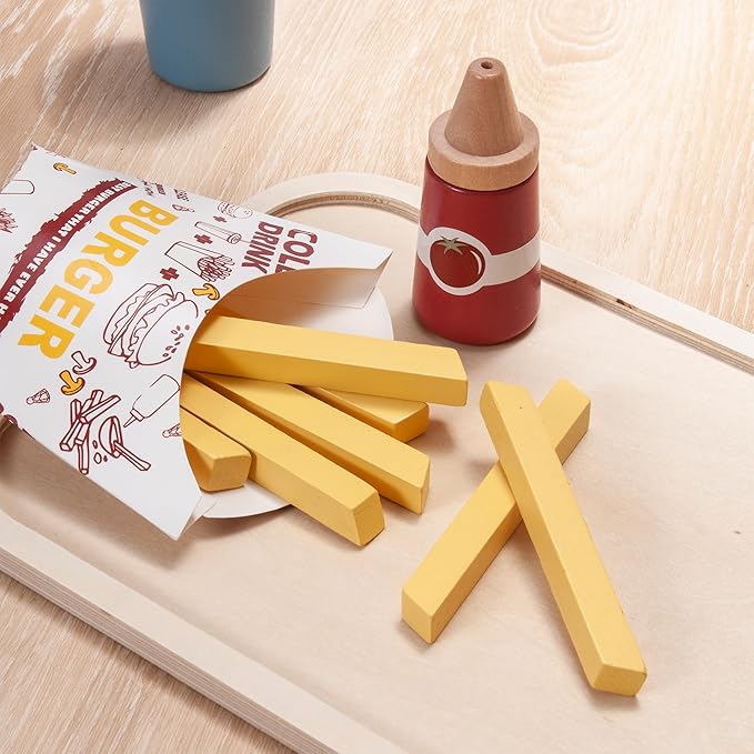25pcs Wooden Fast Food Set Play Kitchen Accessories, Toddler Pretend Play Toy Food Hamburger Stacking Toy Playset with Fries, Kids Play Food Toy Kitchen Set Boys and Girls Birthday Gift