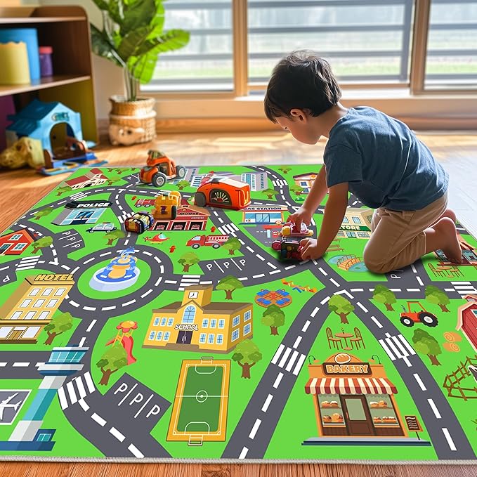 Kids Room Rug - Soft & Non-Slip 7x9 Ft Town Car Rug City Map Play Mat, Childrens Road Catpet Washable Rug for Classroom Nursery Bedroom Boys
