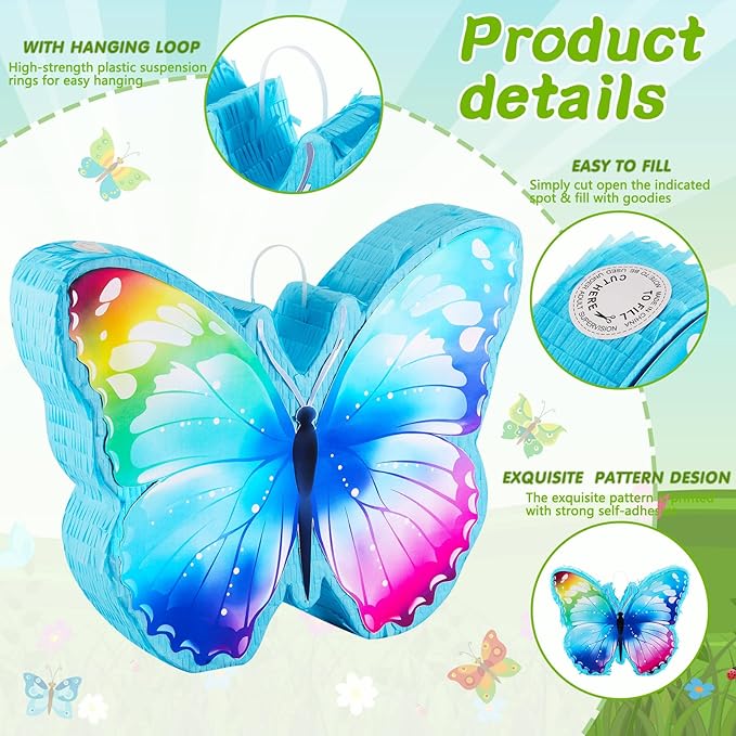 Butterfly Pinata with Pinata Stick, Eye Mask and 1 Pack Confetti, Rainbow Butterfly Party Supplies Butterfly Shaped Animal Pinata for Butterfly Birthday Decorations, 14.96 x 7.08 Inches (Glitter)