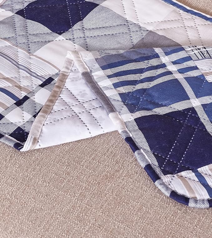 Brilliant Sunshine Multi Blue Plaids and Stripes Patchwork Sofa Armrest 5 Pockets Organizer, Slip Resistant Armchair Caddy, Washable Remote Controls Holder, Storage for Magazine, Tablet, 35×13", Blue