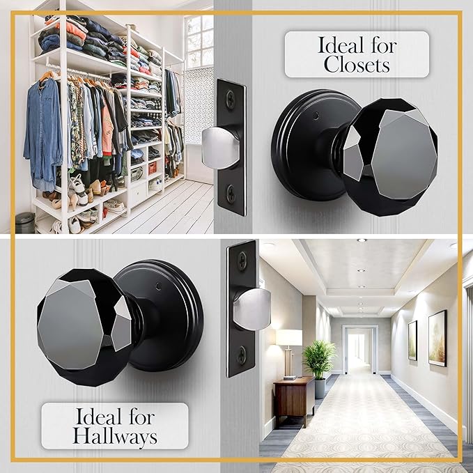 Black Crystal Door Knob, Glass Door Knobs Interior Non-Locking Set, Antique Decorative Vintage Style for Hallway, Closet, Passage Doors, 2 Pack