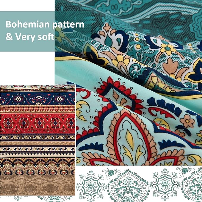 Boho Comforter Set California King Size 8 Pieces,Green and Brown Bohemian Striped Bed in a Bag,Floral Soft Microfiber Bedding Comforter Set for All Seasons