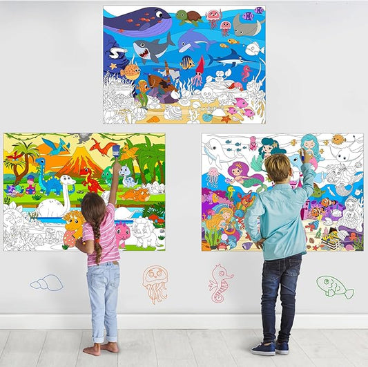 3Pack Giant Coloring Poster, Large Coloring Poster for Kids, Dinosaur, Mermaid, and Sea Animal Huge Big Coloring Page Craft with for Classroom Home Coloring Activities Birthday Gifts Party Favors
