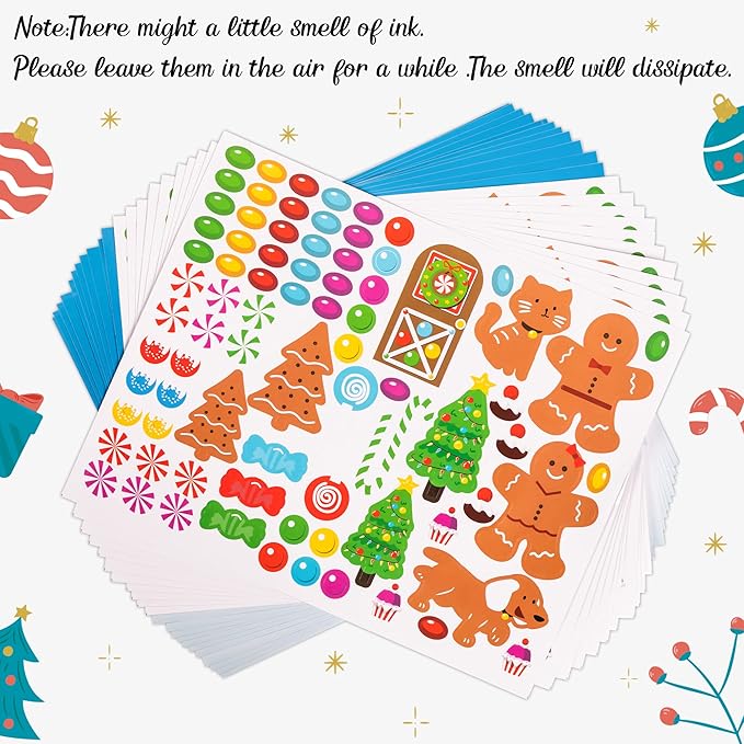 32PCS Make-a-Gingerbread House Stickers for Kids - Christmas Party Game/Craft/Activity/Favor/Supplies - 16 Finished Products