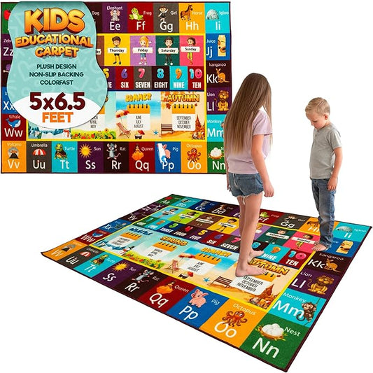 Educational Rug – Non-Slip ABC Carpet for Kids Room – 6.5' x 5' Soft Alphabet Kids Rug for Playroom, Daycare, Preschool, Classroom, Play Mat – Childrens ABC Mat with Letters, Numbers, Animals, Months