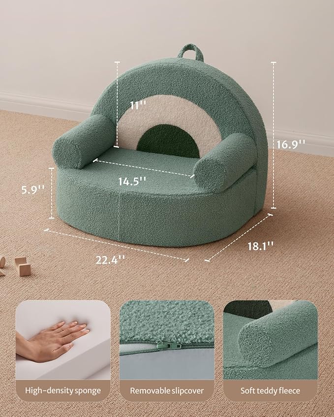 Blissful Diary Toddler Chair Comfy, Foam Kids Chair with Soft Teddy Plush, Toddler Reading Armchair with Cute Rainbow Designs- Sage Green