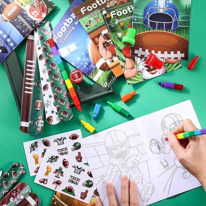 BenLouis 168Pcs Football Party Favors Sports Football Theme Birthday Party Favors Coloring Books Bulk for Kids Super Football Bowl Party Team Gift Goodie Bag Fillers Classroom games Rewards Supplies