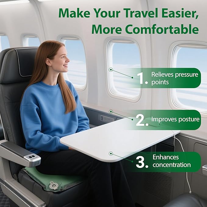 Inflatable Seat Cushion, Self-Inflating Memory Foam Airplane Seat Cushion Portable Camping Sitting Pad for Travel Stadium Car Bleachers Outdoors Office,Lightweight,Supports Back Comfort (Green)