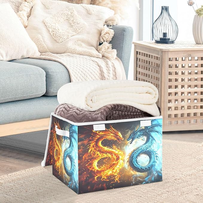 senya Large Storage Bins with Linen Collapsible Foldable Storage Cubes Fabric Closet Organizer Containers box with Flip-Top Lid for Home Bedroom Office 16.7 x 12.6 x 11.8in (Dragon Fire Pattern)