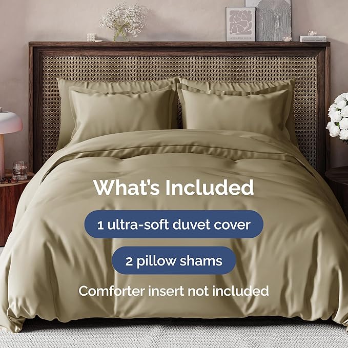 CGK Unlimited Duvet Cover Full Size Set - Extra Soft Full Size Duvet Cover 80 x 90 with 2 Pillow Shams - Hotel Quality Easy Care w/Zipper Closures & Ties - Bedding and Bed Linens Set (Khaki)