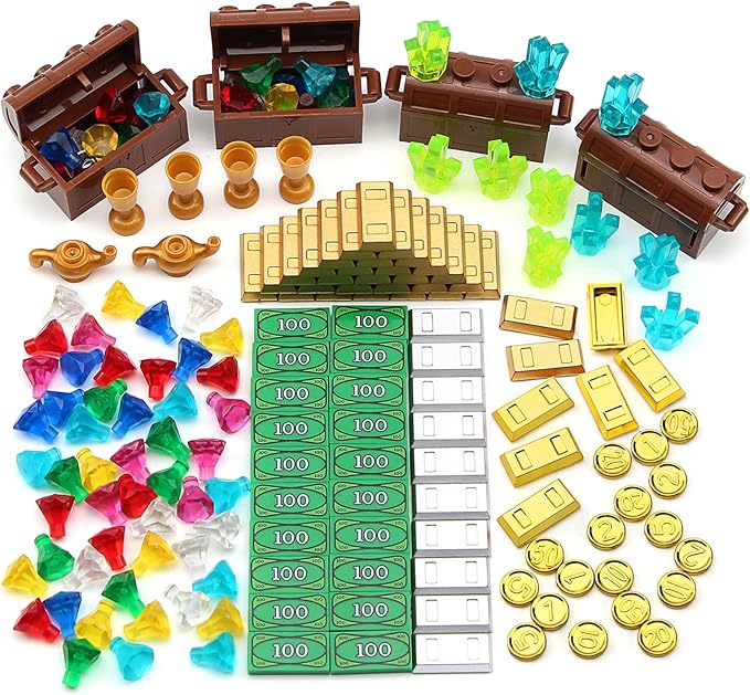Feleph Treasure Accessories Money Building Blocks Set Jewel Chest, Gems Diamonds, Bullion Gold Tile Silver Bar, Power Crystals, Coins, Goblet, 100 Dollar Bill Cash Toy Brick