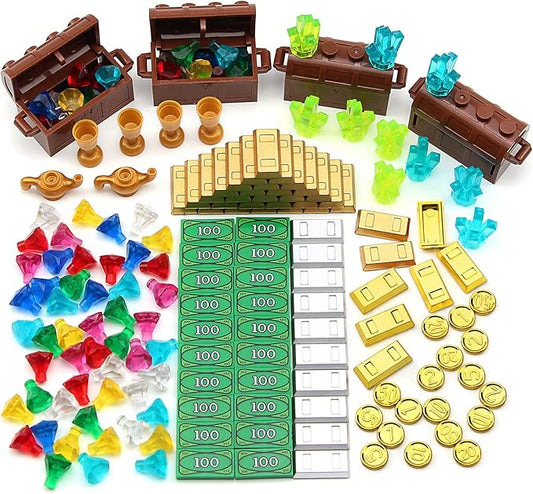 Feleph Treasure Accessories Money Building Blocks Set Jewel Chest, Gems Diamonds, Bullion Gold Tile Silver Bar, Power Crystals, Coins, Goblet, 100 Dollar Bill Cash Toy Brick