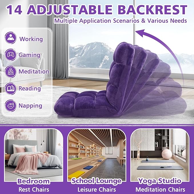 Folding Floor Chair 14-Position Cushioned Adjustable Floor Lazy Sofa Chair w/Breathable Cotton & Skin-Friendly Flannel for Adults & Kids Ideal for Reading Meditating, Purple