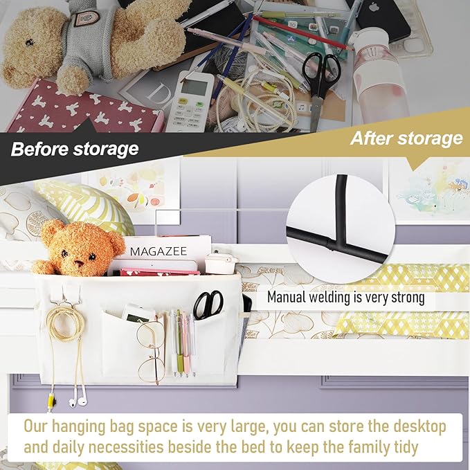Bedside Caddy Bedside Organizer Hanging Storage Bag for Bunk College Dorm Bed and Hospital Beds with Magazine Water Bottle Phone Holder (2Pack White)