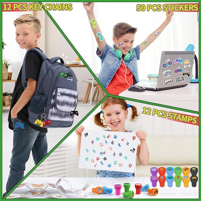 159 Pcs Video Game Party Favors, Gamer Gaming Party Favors - Drinking Straws Cups Slap Bracelets Keychains Gift Tags Stamps Stickers Gift Bags for Game On Birthday Party Favor Supplies