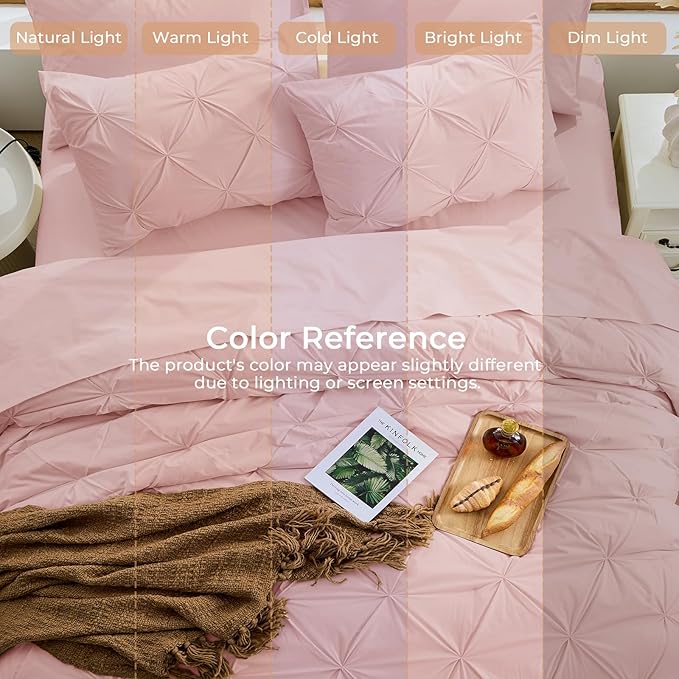 Sasttie Twin Comforter Set, 5-Piece Bed in a Bag, Pintuck Bedding Sets for All Season, Includes Comforter, Flat Sheet, Fitted Sheet, Pillowcase and Pillowsham, Rose Gold