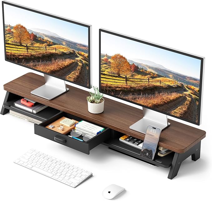 AFOOYO Dual Monitor Stand Riser,LED 2-Tier 39.3 Inch Computer Monitor Stand for 2 Monitors,Office Desktop Organizer with Storage Drawer and Phone Holder for Laptop,PC,Computer,Printer,Walnut