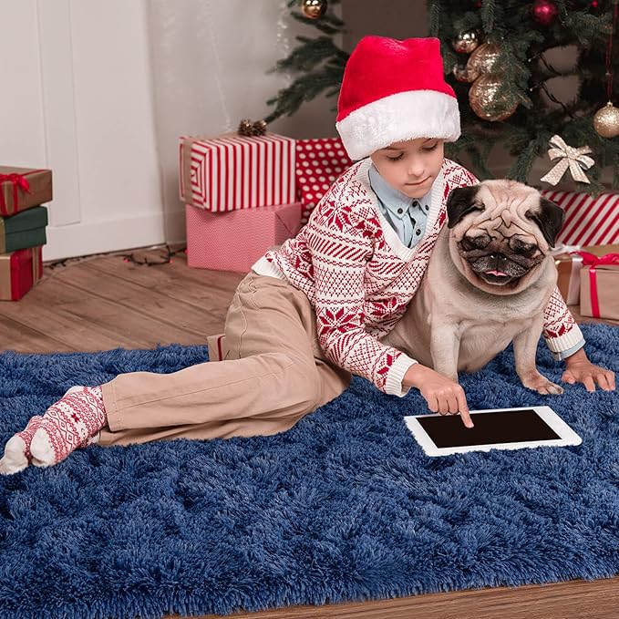 Noahas Ultra Soft Fluffy Bedroom Rugs Kids Room Carpet Modern Shaggy Area Rugs Home Decor 2.6' X 5.3', Light Navy