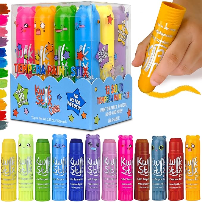 Kwik Stix Cuties Washable Paint Sticks for Kids & Toddlers, 12 Non-Toxic Colors, Quick-Drying, Allergen-Free, Solid Tempera with Cute Caps
