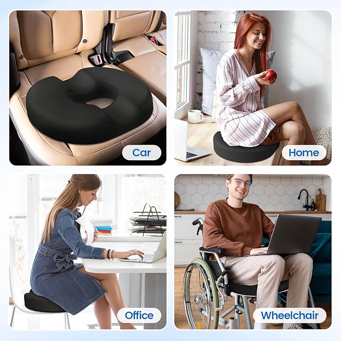 Donut Pillow Seat Cushion - Cooling Gel Floor Pillow, Memory Foam Floor Cushion for Office & Home, Car Seat, Hemorrhoids Pillow, Sciatica & Tailbone Pain Relief Chair Cushion, Black