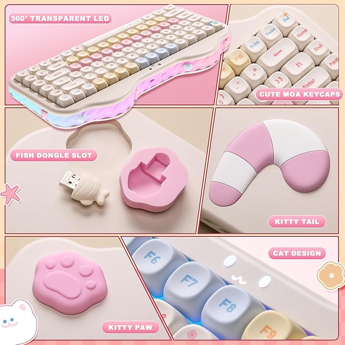 YUNZII C75 Wireless Mechanical Keyboard,75% Layout, Hot-Swappable NKRO,BT5.0/2.4G/USB-C Mode,Dye-Sub PBT MOA Keycaps,RGB Gasket Mount,Cute Cake Design for Mac/Win/Gaming (Beige, Candy Switch)