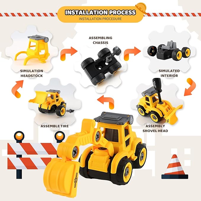 Asoxt Construction Sensory Playset - 43pcs Play Sand Art Kit- 2 lbs Sand,Sandbox,4 DIY Construction Trucks,Crane,Conveyor,8 Sand Molds,6 Figures,12 Road Signs - Ideal Toy for Boys & Girls Ages 3+