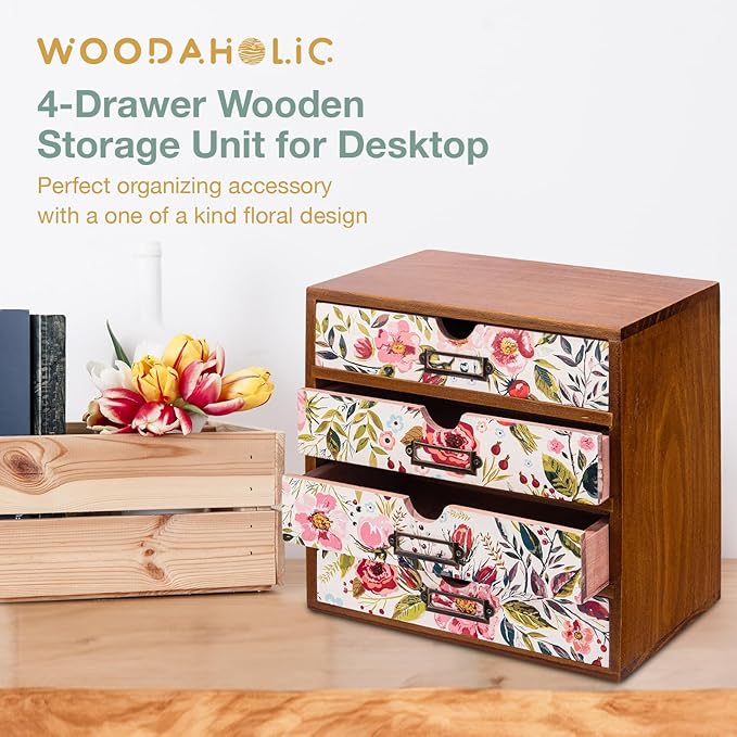 4-Drawer Vintage Desk Wood Storage Box With Drawers in Floral Chintz - Wooden Table Organizer I End Clutter & Dullness, Personalize Your Workspace - Beautiful Flower Design for Office & Home