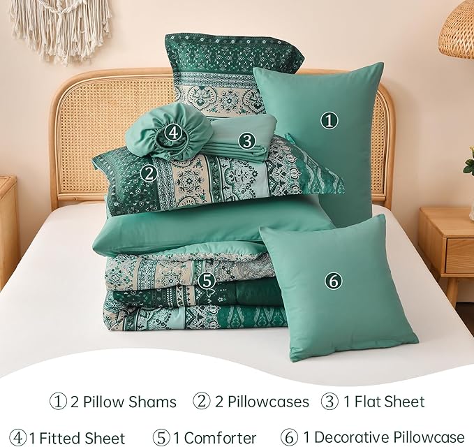 Cottolester Boho Comforter Set King Size,8 Pieces Teal Green Bohemian Striped Bed in a Bag,Paisley Soft Microfiber Bedding Comforter Set
