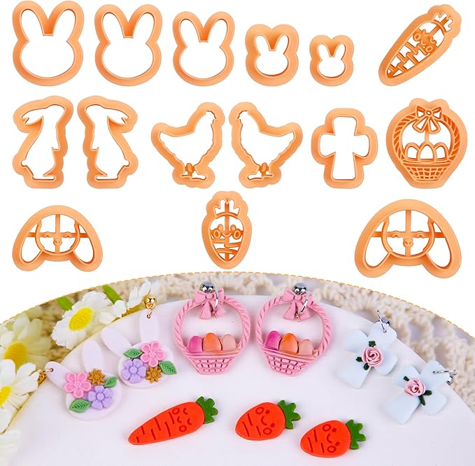 Puocaon Easter Polymer Clay Cutters - 15 Pcs Clay Cutters for Easter Polymer Clay Earrings Making, Rabbit Carrot Cross Clay Cutters, Cartoon Rabbit Head Clay Cutters for Polymer Clay Jewelry
