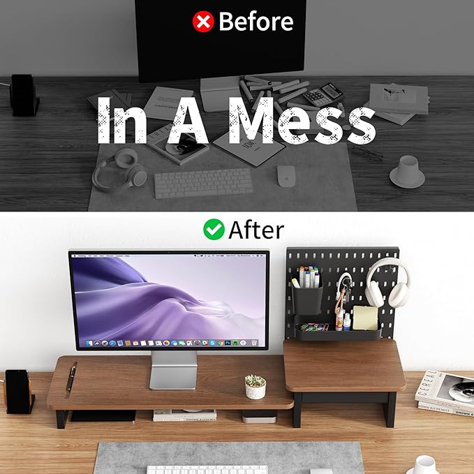 AFOOYO Monitor Stand Riser,Computer Monitor Stand with DIY Pegboard and drawer for Laptop,PC,Computer,Printer,Walnut Finish