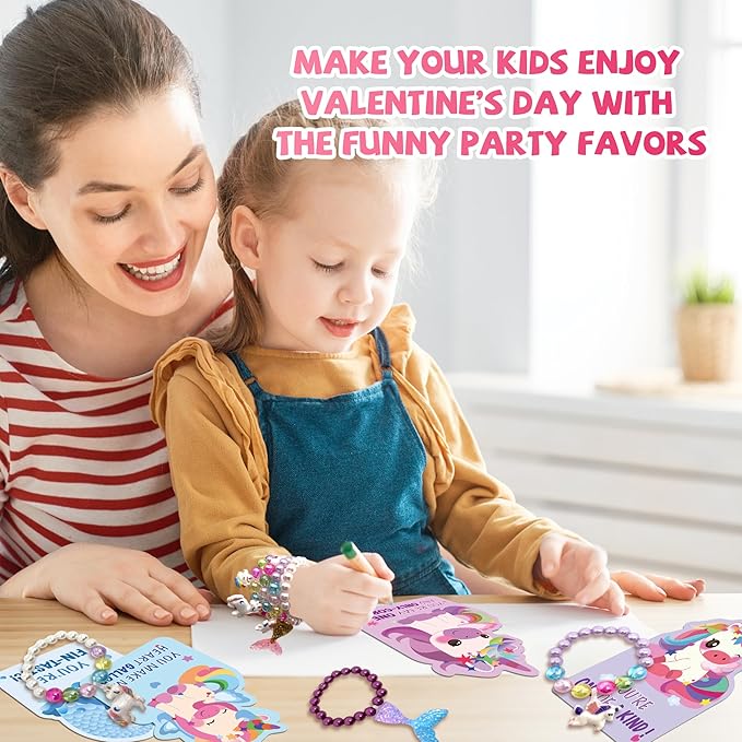 30Pack Mermaid & Unicorn Valentines Day Cards for Kids with Rainbow Bracelets - Perfect Classroom Prizes, Unicorn Valentines Gifts for Kids Party Favors for School Exchange Gifts for Girls