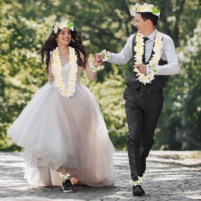 HOBBY HORSE 12 Pieces Hawaiian Luau Flower Leis Halloween Decor Leis White Necklaces Bracelets Headband Anklets Set Tropical Party Favor for Halloween Cosplay Beach Wedding Birthday Party Supplies