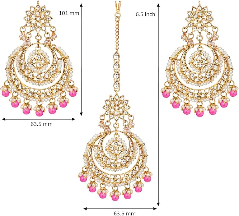 Aheli Bollywood Ethnic Chandbali Style Big Earrings Maang Tikka Set Traditional Fashion Jewelry Gift for Women