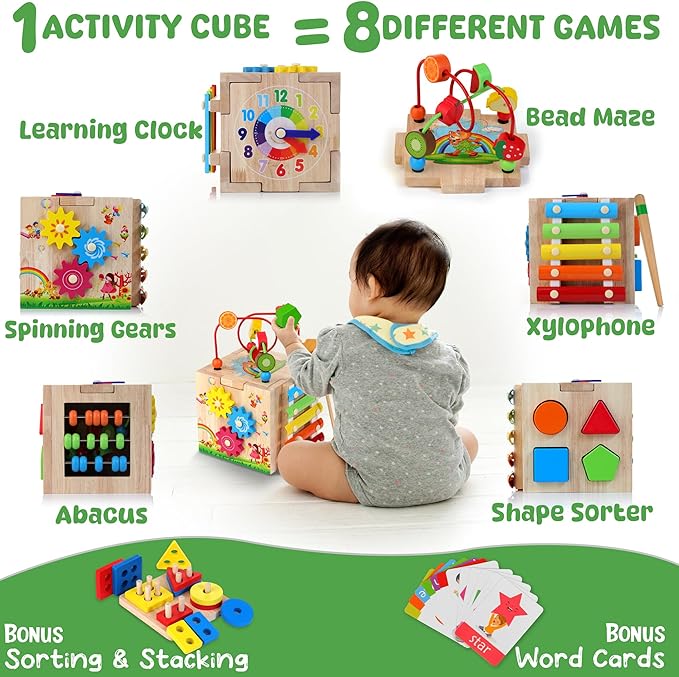 Batlofty Wooden Activity Cube | 8-in-1 Montessori Toys for 1+ Year Old Boys & Girls, Educational Learning Toy for Toddlers Age 1-2, 1st Birthday Gift | Bonus Sorting & Stacking Board