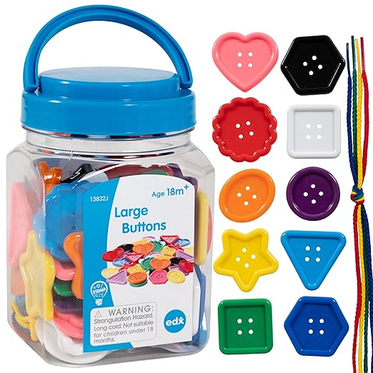 edxeducation Large Buttons - Mini Jar Set of 60 - Lacing Activity - Sensory and Fine Motor Skill Development - Math Manipulative for Kids