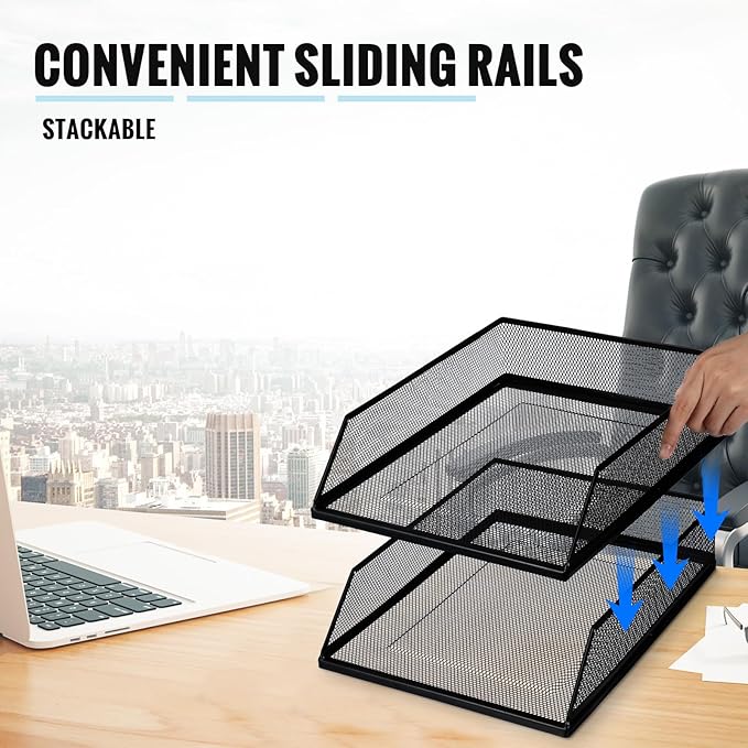 Hicarer 2 Pcs Black Metal Letter Tray Stackable Desk Tray Single Wire Mesh Organizer Front Load File Paper Holder for Desktop Office Home School Classroom (12.8 x 9.84 Inch)