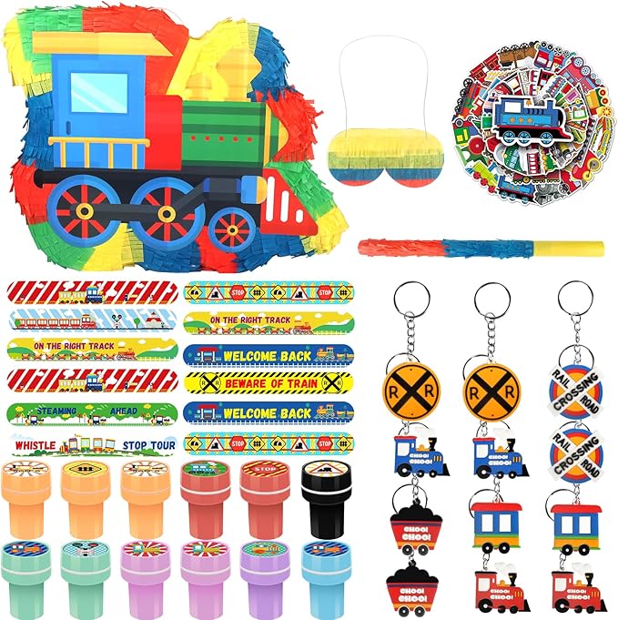 3D Train Pinata Set, Train Themed Birthday Party Game Supplies, Include Stickers Stamps Keychains Slap Bracelets, Train Party Decorations for Kids, Train Pinata for Boys Birthday Party Favors