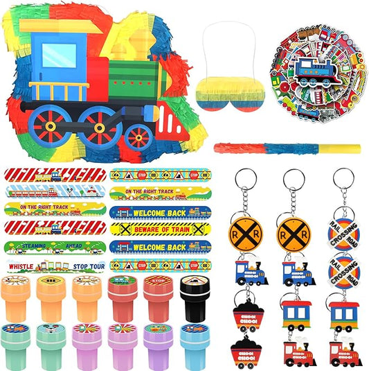 3D Train Pinata Set, Train Themed Birthday Party Game Supplies, Include Stickers Stamps Keychains Slap Bracelets, Train Party Decorations for Kids, Train Pinata for Boys Birthday Party Favors