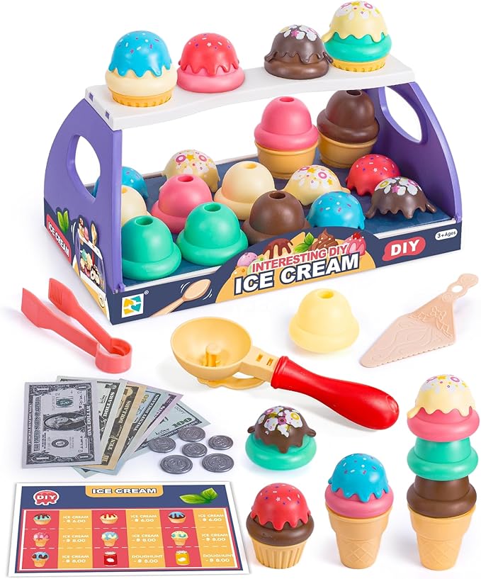 Ice Cream Toy Play Set for Kids, 41Pcs Toddler Ice Cream Shop Cart Truck, Birthday Christmas Easter Toys Gift for 3 4 5 6 Year Old Girl Boy, Pretend Play Grocery Store Kitchen Food Accessories