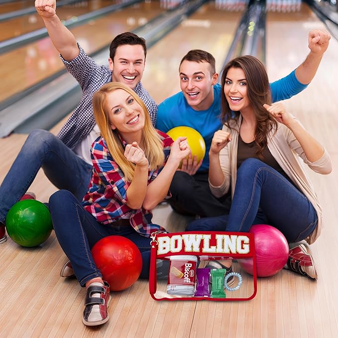 BuyCard 2 Pcs Bowling Gifts Makeup Bag with Chenille Letter Patch, Clear Cosmetic Pouch PVC Organizer Purse, Waterproof Travel Bag, Portable Toiletry Storage Bag for Her Girls Friends Women