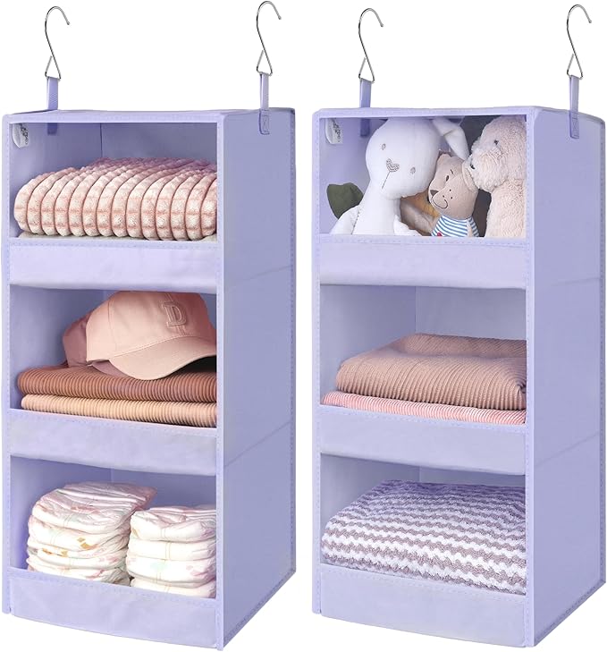 GRANNY SAYS 3 Shelf Hanging Closet Organizers and Storage, Collapsible Closet Storage Organizer with 2 Metal Hooks, Leak-Proof Hanging Shelves for Closet, Dorm Room, Nursery, 2 Pack, Purple