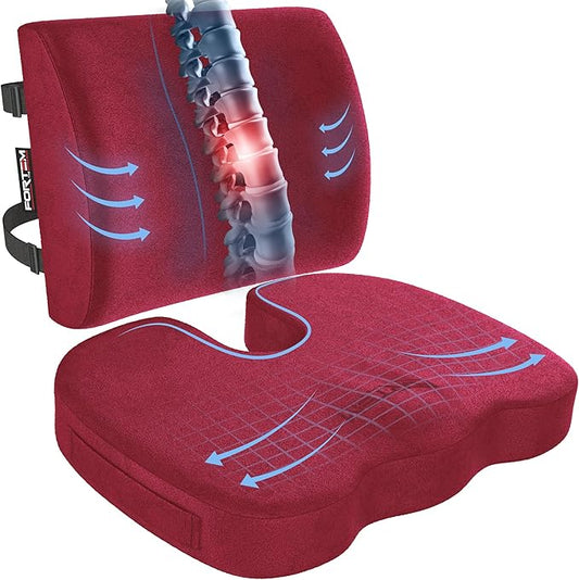 FORTEM Seat Cushion, Office Chair Cushion, Lumbar Support Pillow for Office Chair, Memory Foam Sciatica Coccyx Tailbone Pressure Pain Relief, Car Sitting Pad, Washable Non Slip