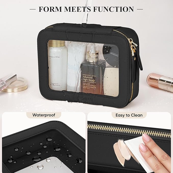 MSTONAL Clear Makeup Bag, Travel Toiletry Bag Cosmetic Case for Women, Waterproof Portable Make Up Skincare Pouch with Zipper, Compact Car Organizer Bag for Essentials, Mini & Medium, Black