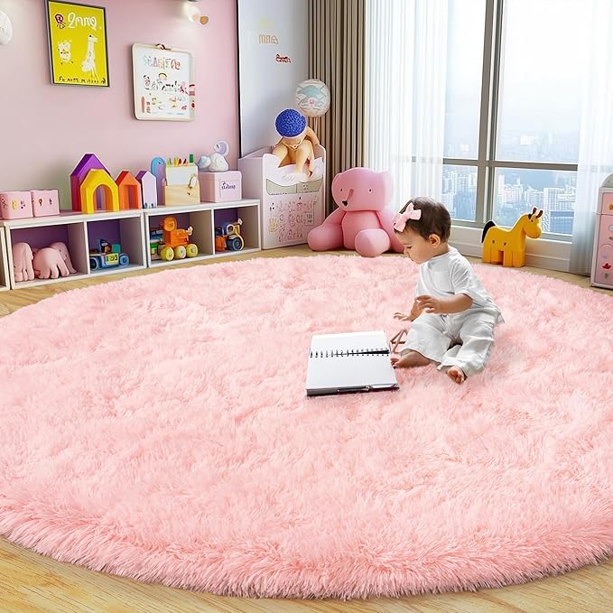 Xexsin Round Fluffy Rugs 8Ft for Girls Bedroom, Pink Shag Circle Kids Rug Non-Slip for Bedside Dorm Nursery Playroom, Soft Cute Area Rugs for Living Room Decor