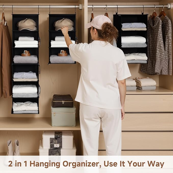 StorageWorks Hanging Closet Organizer 6-Shelf, Separable Two 3 Shelf Closet Storage Organizer with Side Pockets, Portable Hanging Shelves for Clothes, Sweater, Towels, 12" D x 12" W x 48¼"H, Black