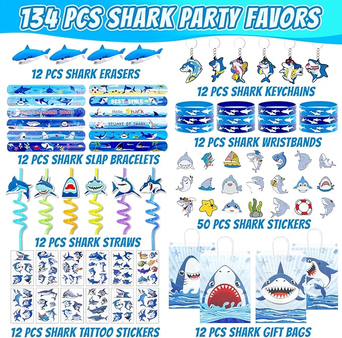 134 Pcs Shark Party Favors with Shark Straws Shark Bracelets Wristbands Tattoo Stickers Erasers Keychains Goodie Bags Under the Sea Party Favors Shark Birthday Party Decorations