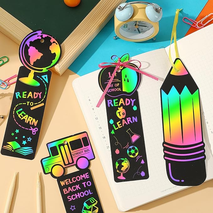 JUNEBRUSHS 30Pcs Welcome Back to School Scratch Bookmarks, Rainbow Magic Scratch Paper Art Back to School DIY Craft Kit First Day of School Gifts for Students Classroom Activity Party Favors