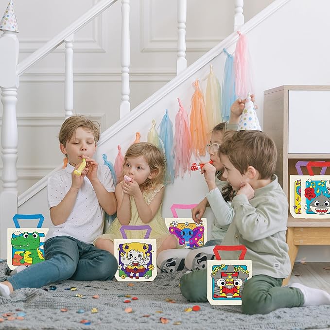 6 Pieces Kids Coloring Goodie Bags, Reusable Canvas Bag, Cute Art Party Favors, Color Your Own Bags for DIY Painting Birthday Carnival Celebration, Party Supplies Gift, Girls